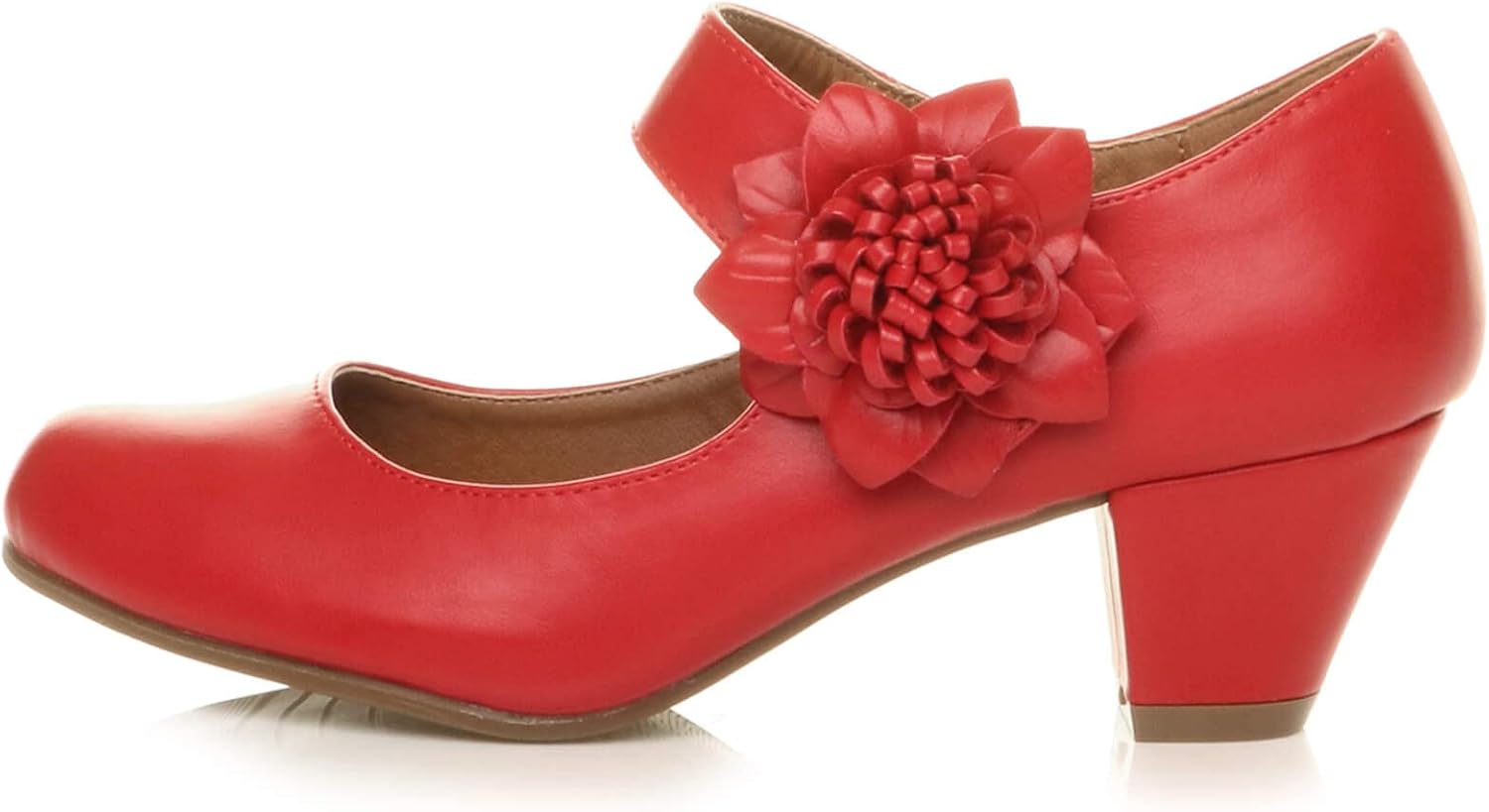 AJVANI Womens Ladies Low Block Kitten Heel Mary Jane Style Flower Leather Lined Work Court Shoes Pumps Size.
