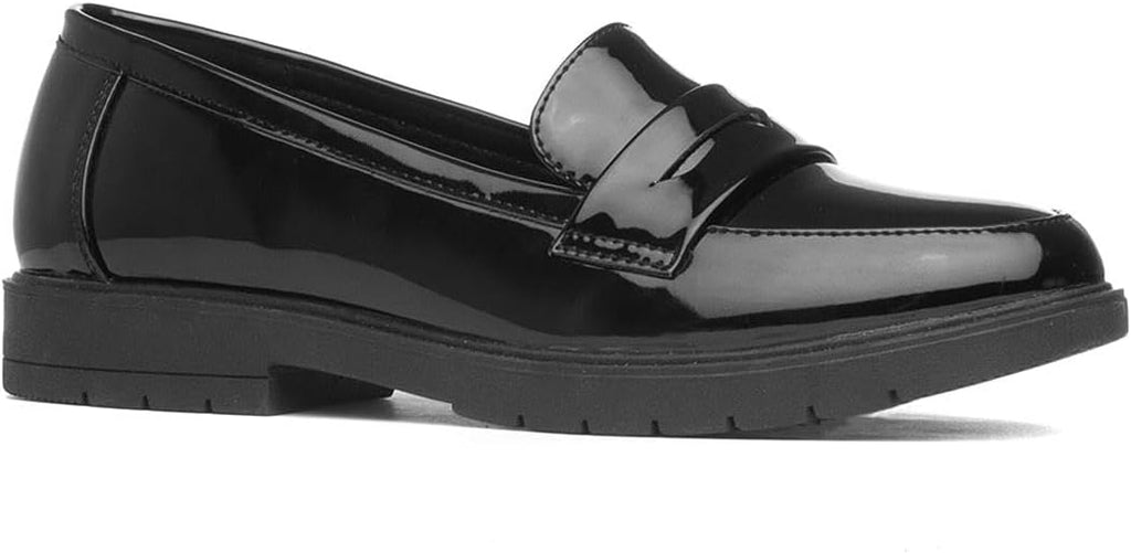 Lilley Womens Black Slip On Patent Loafer Shoes