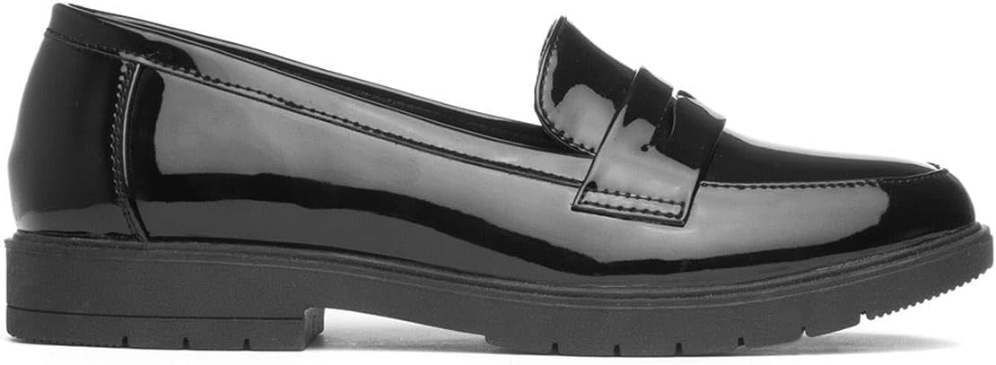 Lilley Womens Black Slip On Patent Loafer Shoes