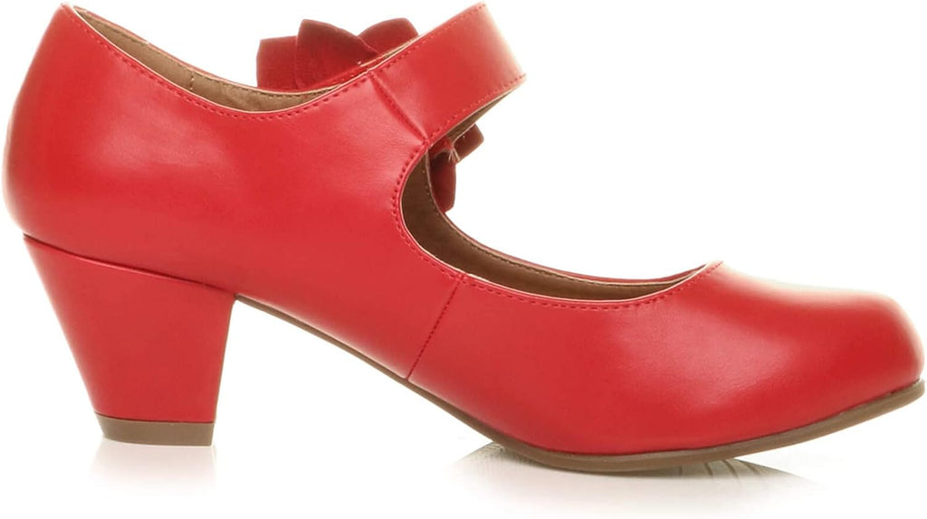 AJVANI Womens Ladies Low Block Kitten Heel Mary Jane Style Flower Leather Lined Work Court Shoes Pumps Size.