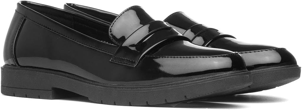 Lilley Womens Black Slip On Patent Loafer Shoes
