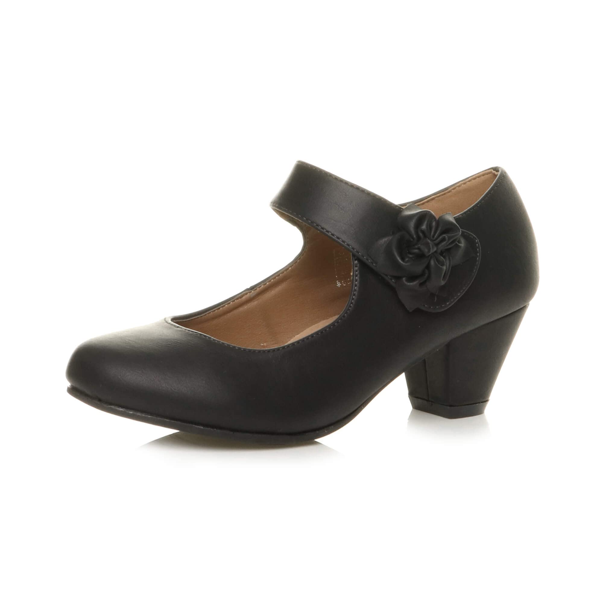AJVANI Womens Ladies Low Block Kitten Heel Mary Jane Style Flower Leather Lined Work Court Shoes Pumps Size.