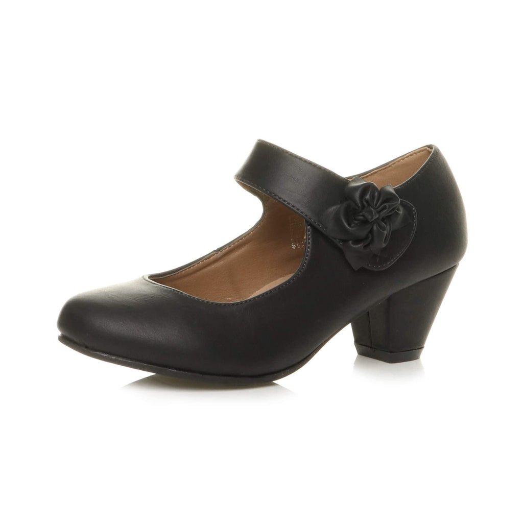AJVANI Womens Ladies Low Block Kitten Heel Mary Jane Style Flower Leather Lined Work Court Shoes Pumps Size.