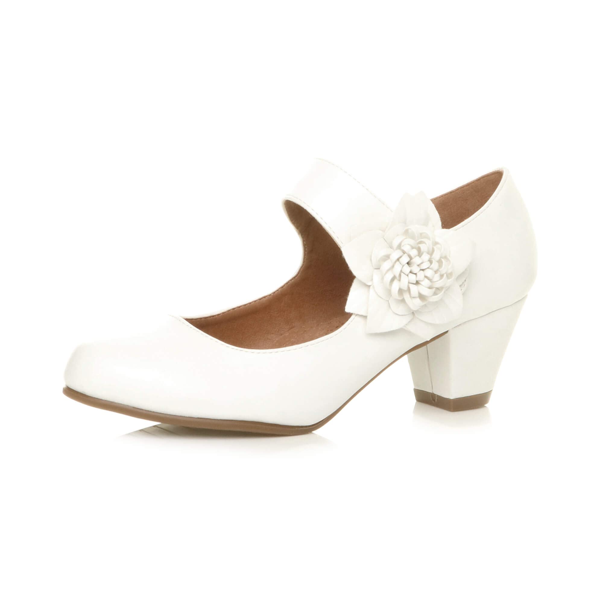 AJVANI Womens Ladies Low Block Kitten Heel Mary Jane Style Flower Leather Lined Work Court Shoes Pumps Size.