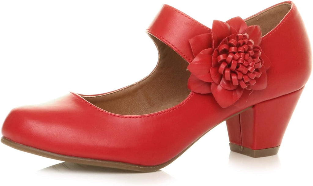AJVANI Womens Ladies Low Block Kitten Heel Mary Jane Style Flower Leather Lined Work Court Shoes Pumps Size.