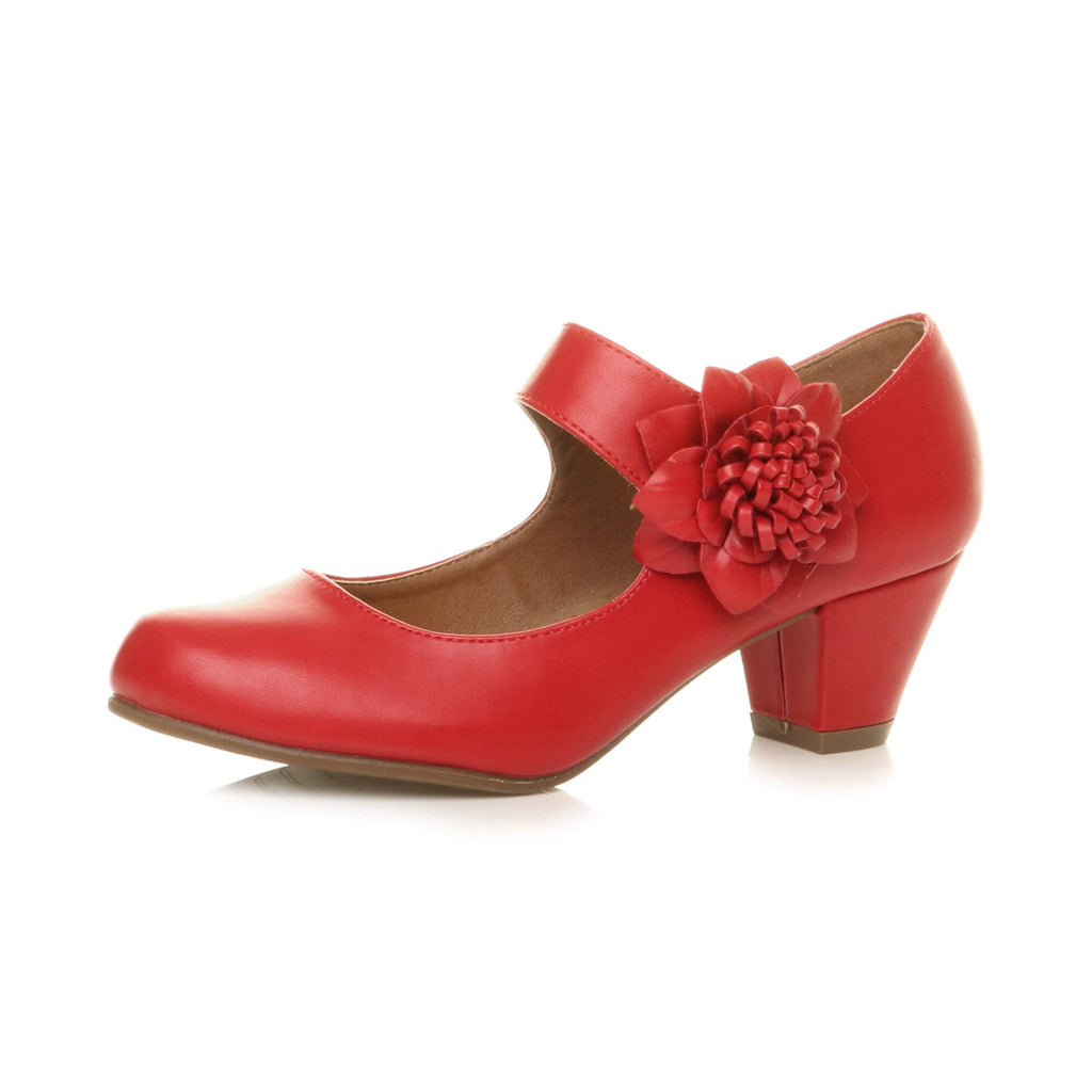 AJVANI Womens Ladies Low Block Kitten Heel Mary Jane Style Flower Leather Lined Work Court Shoes Pumps Size.