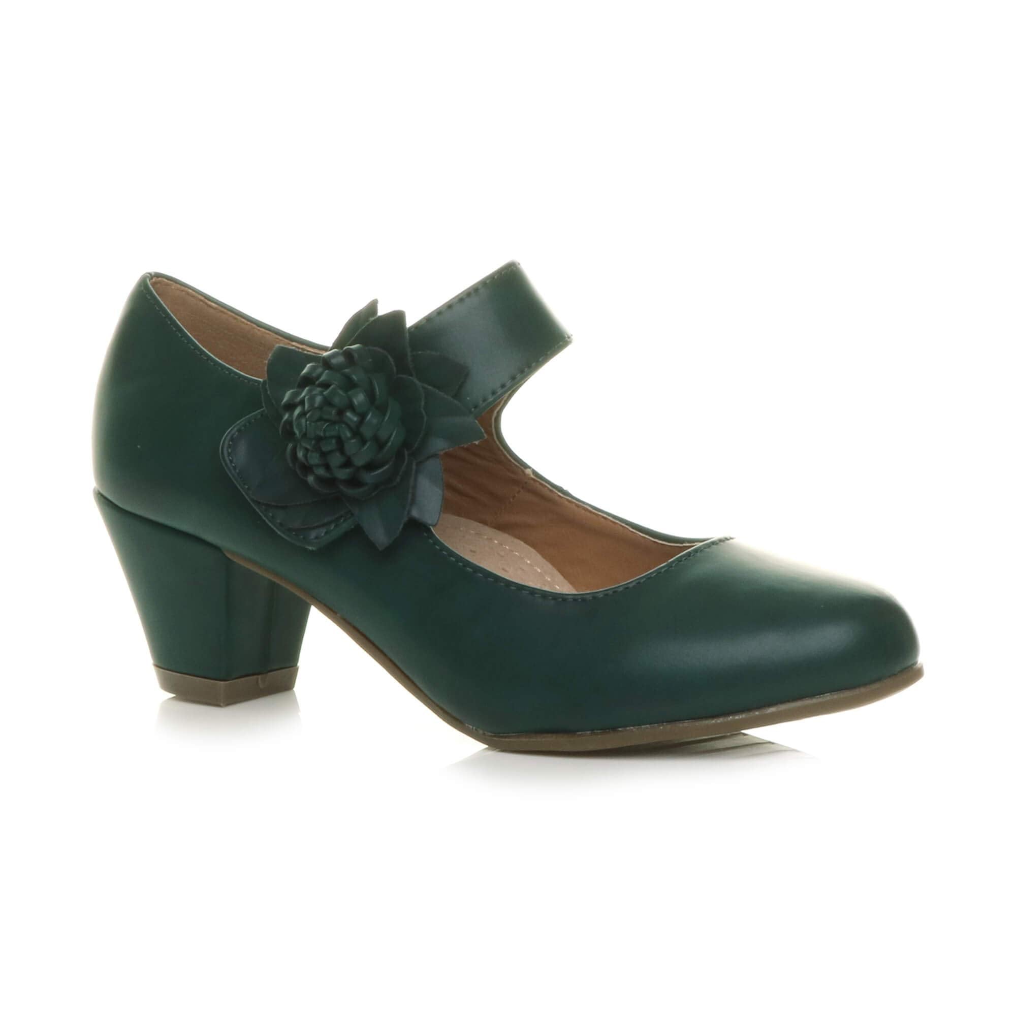 AJVANI Womens Ladies Low Block Kitten Heel Mary Jane Style Flower Leather Lined Work Court Shoes Pumps Size.