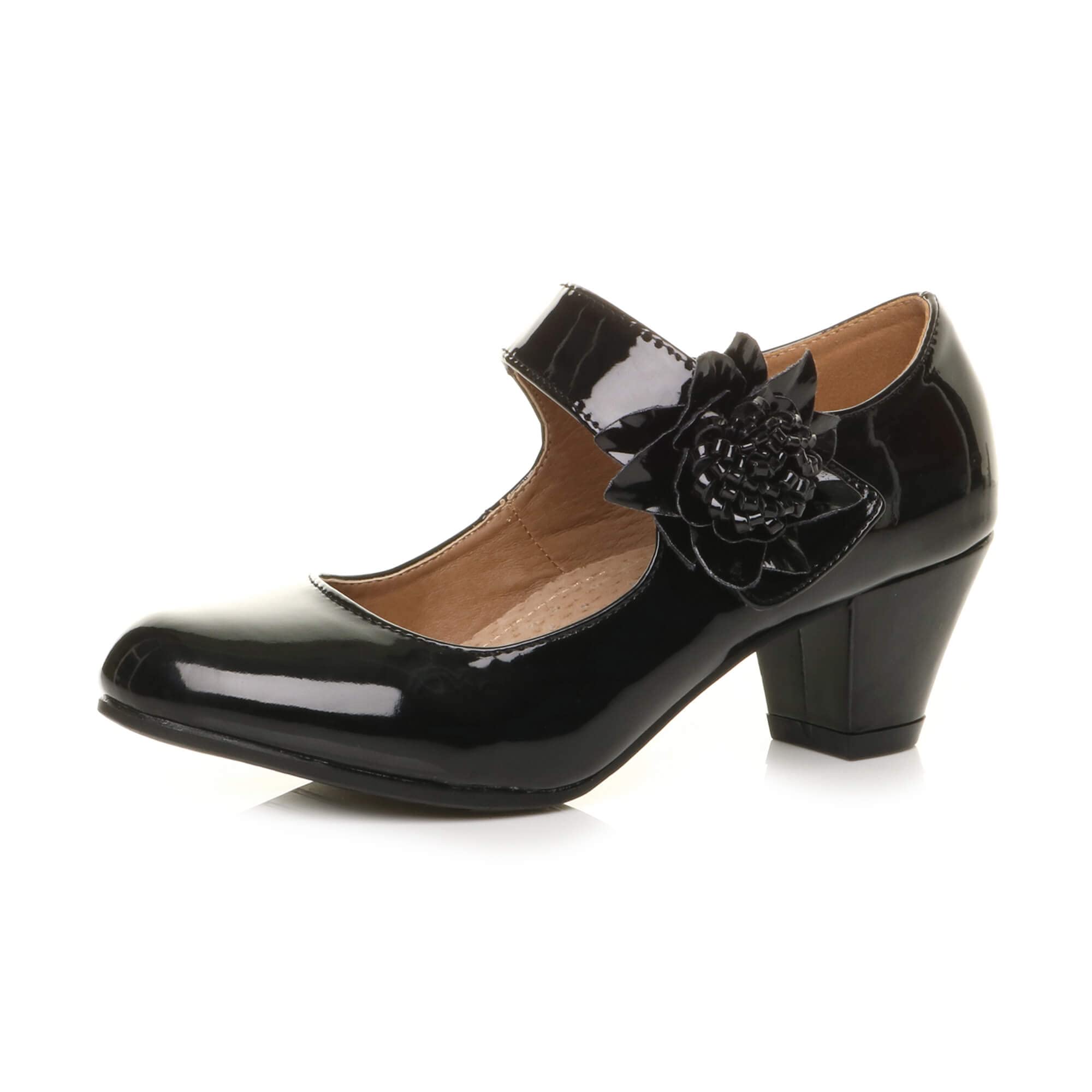 AJVANI Womens Ladies Low Block Kitten Heel Mary Jane Style Flower Leather Lined Work Court Shoes Pumps Size.