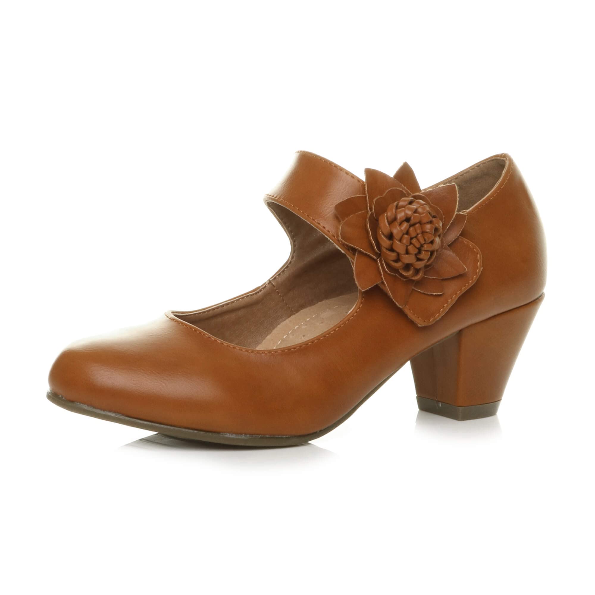 AJVANI Womens Ladies Low Block Kitten Heel Mary Jane Style Flower Leather Lined Work Court Shoes Pumps Size.