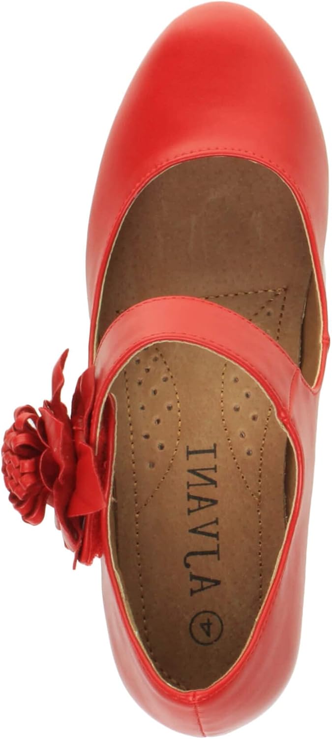AJVANI Womens Ladies Low Block Kitten Heel Mary Jane Style Flower Leather Lined Work Court Shoes Pumps Size.