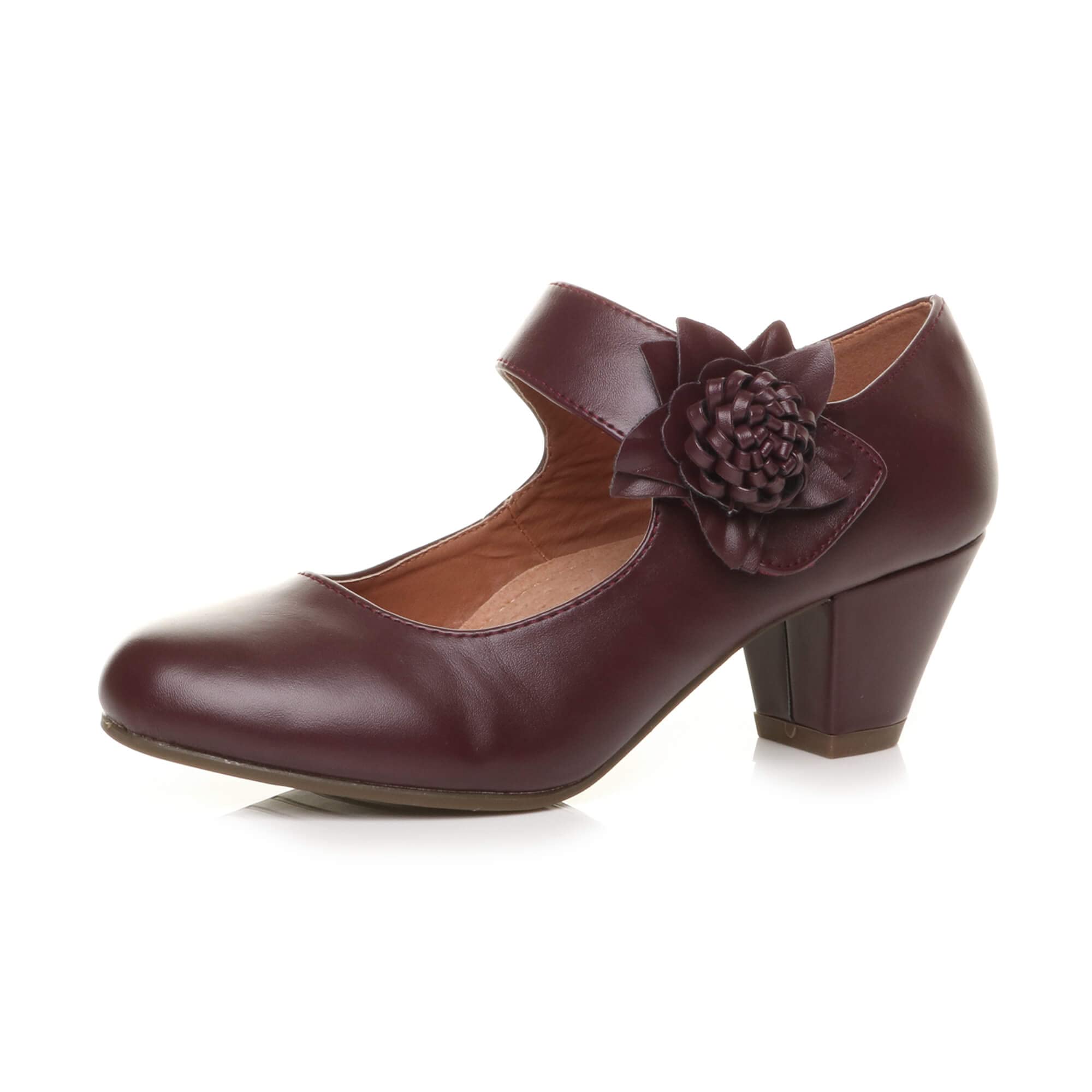 AJVANI Womens Ladies Low Block Kitten Heel Mary Jane Style Flower Leather Lined Work Court Shoes Pumps Size.