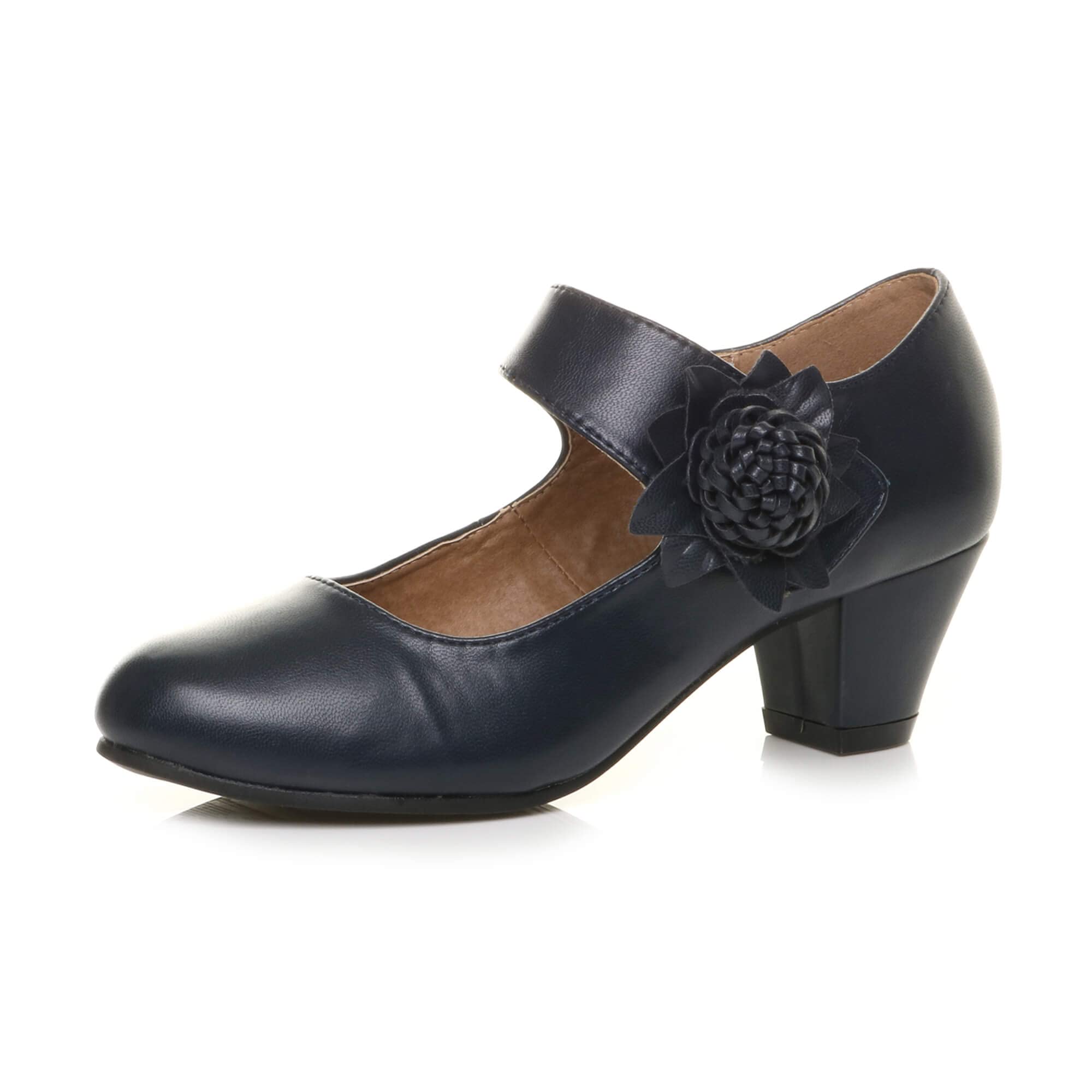 AJVANI Womens Ladies Low Block Kitten Heel Mary Jane Style Flower Leather Lined Work Court Shoes Pumps Size.