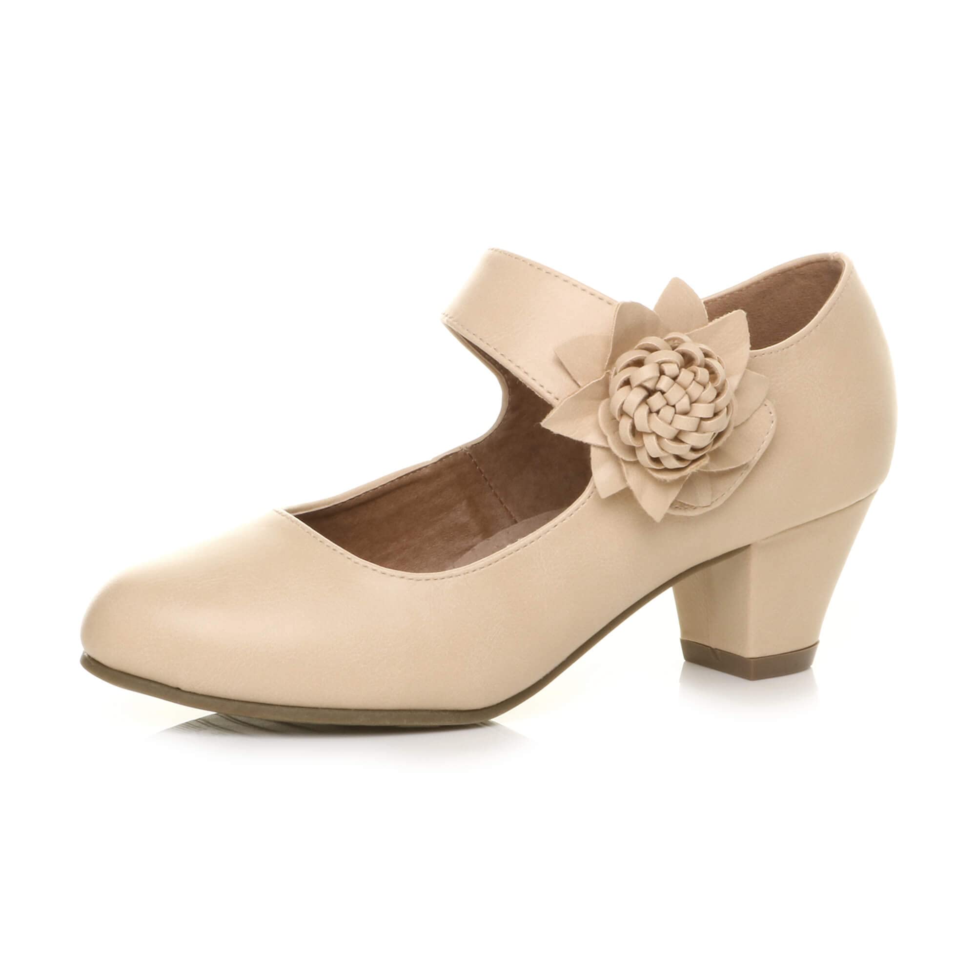 AJVANI Womens Ladies Low Block Kitten Heel Mary Jane Style Flower Leather Lined Work Court Shoes Pumps Size.