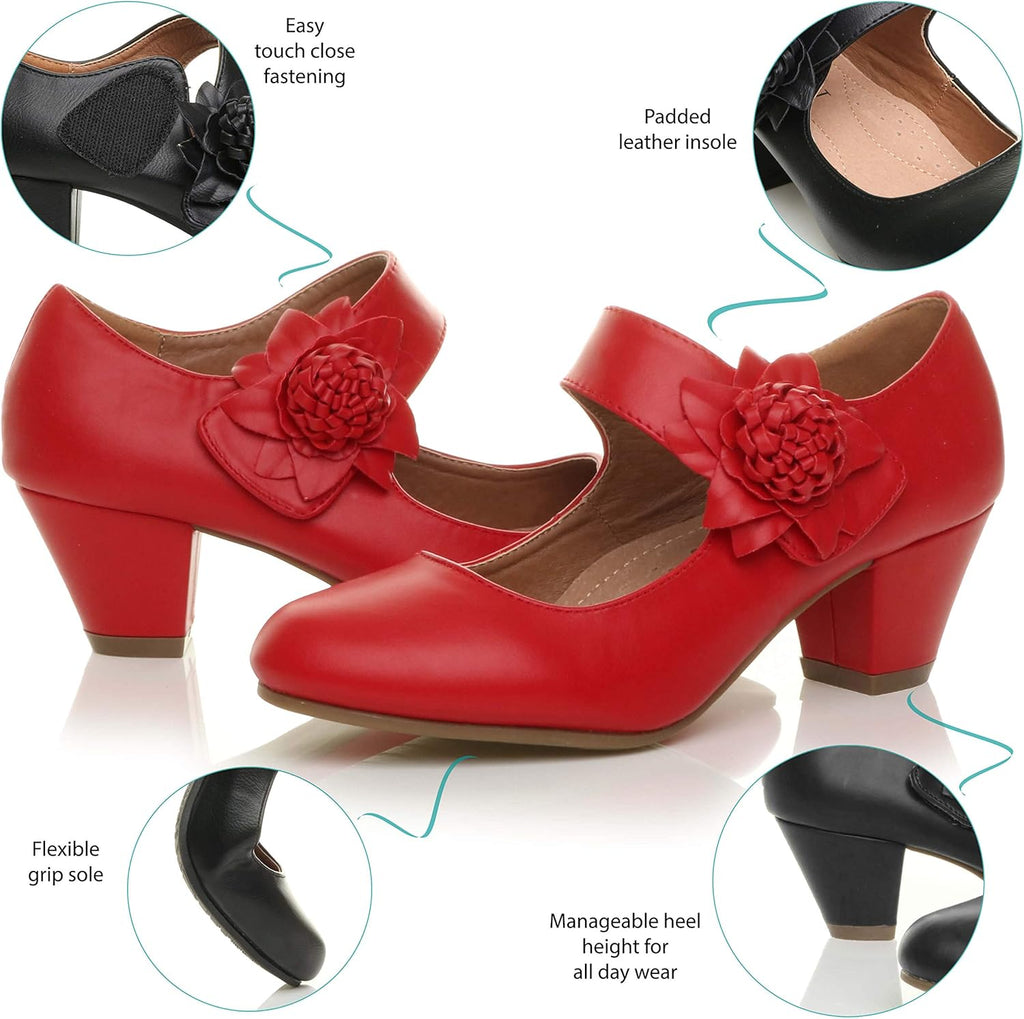 AJVANI Womens Ladies Low Block Kitten Heel Mary Jane Style Flower Leather Lined Work Court Shoes Pumps Size.