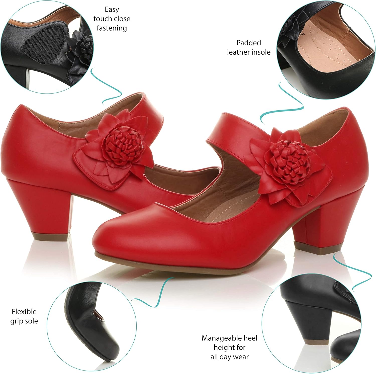 AJVANI Womens Ladies Low Block Kitten Heel Mary Jane Style Flower Leather Lined Work Court Shoes Pumps Size.